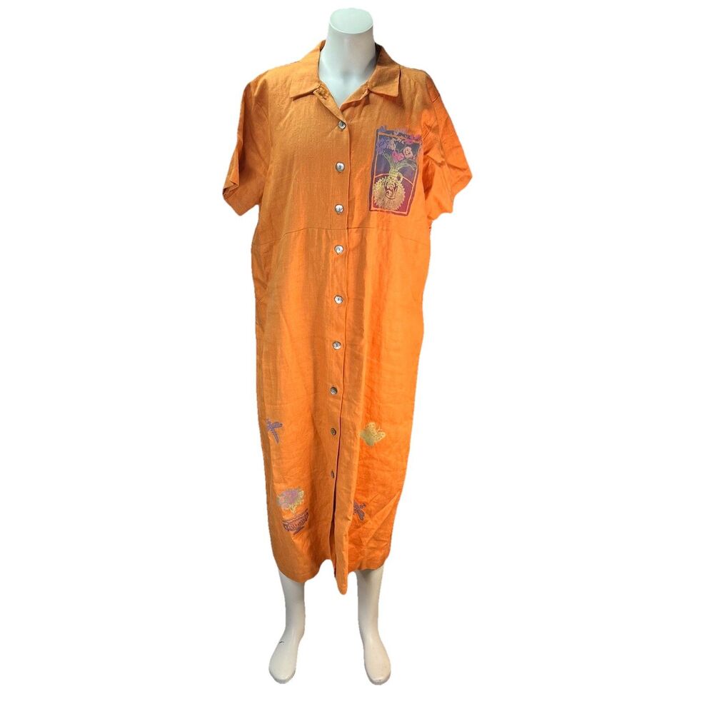Vtg Women Linen Dress Summer A-Line Relaxed Burnt Orange Mother of Pearl Buttons